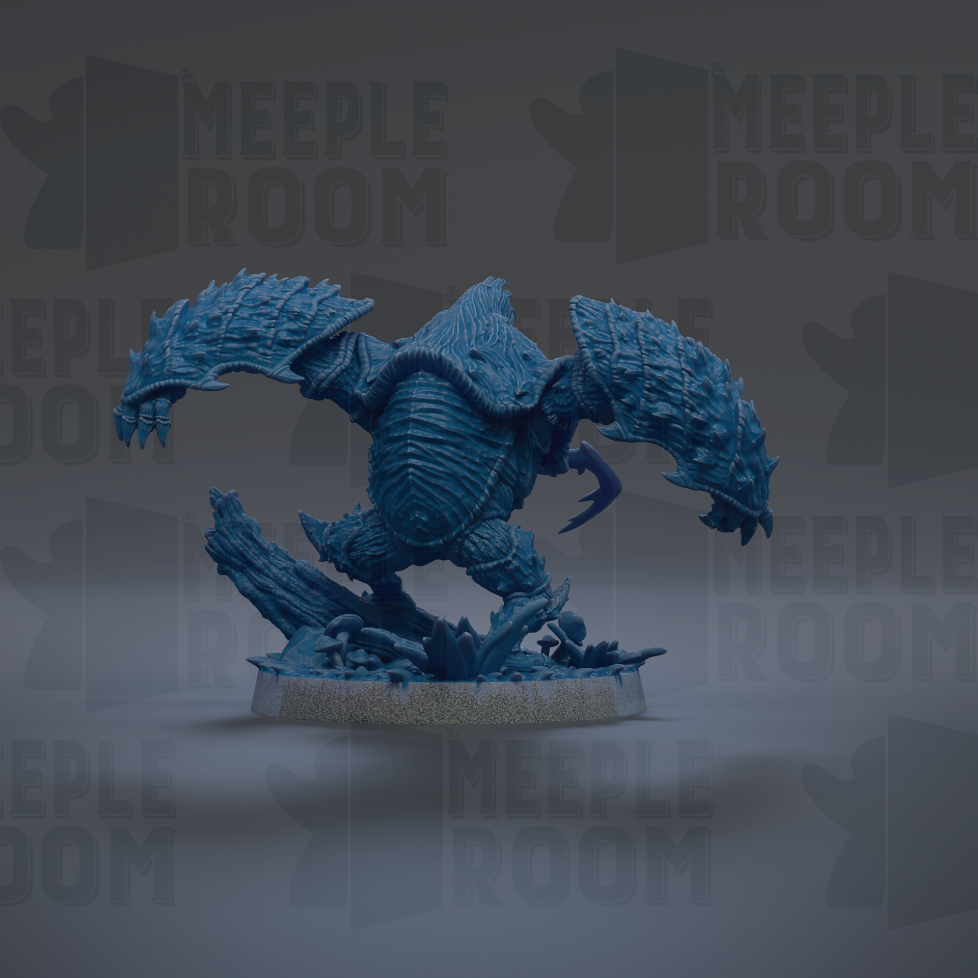 A blue, armored figurine with sharp claws and a fierce expression is depicted in the center of the image.