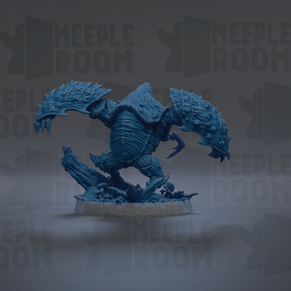 A blue, armored figurine with sharp claws and a fierce expression is depicted in the center of the image.