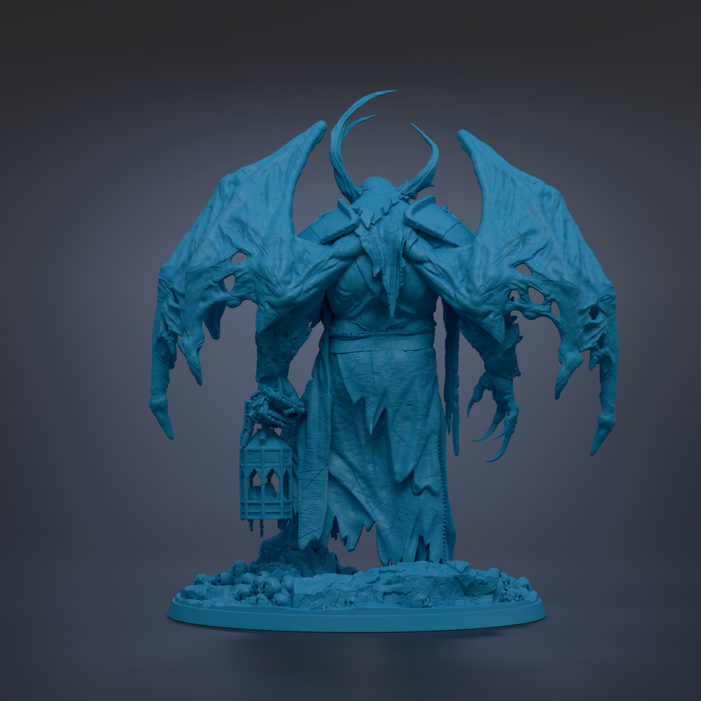 A dark blue, sculpted statue of a winged, horned creature with a lantern in its hand, standing on a base.