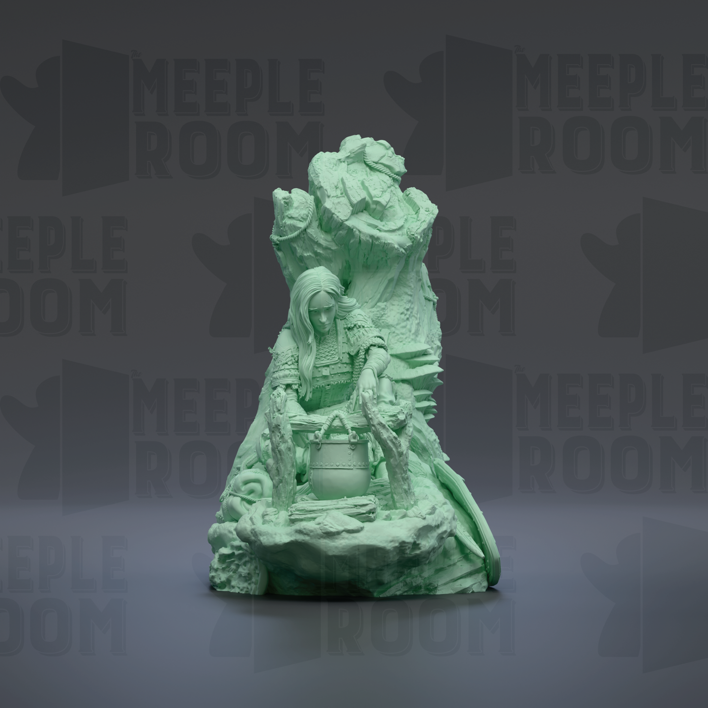 A green, sculpted statue of a woman with long hair, sitting on a rock and holding a pot, against a dark background with repeated text.