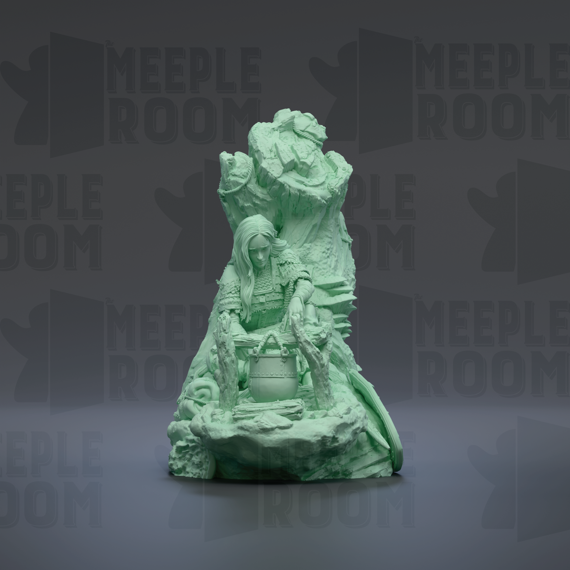 A green, sculpted statue of a woman with long hair, sitting on a rock and holding a pot, against a dark background with repeated text.