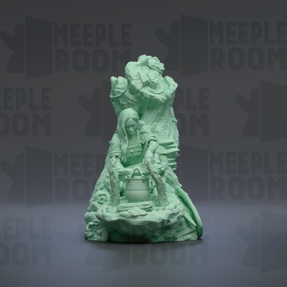 A green, sculpted statue of a woman with long hair, sitting on a rock and holding a pot, against a dark background with repeated text.