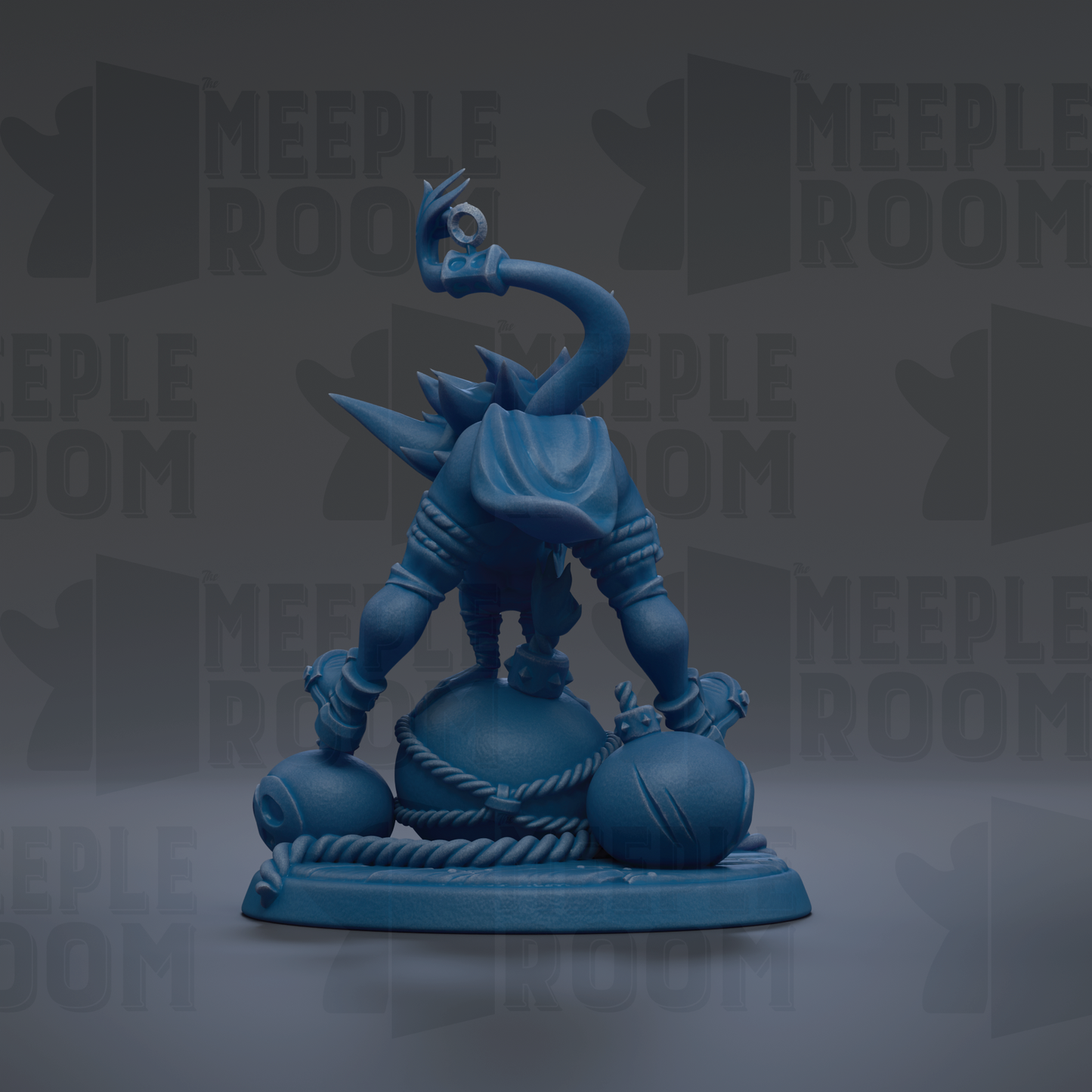 A blue figurine of a character with a curved neck and a raised hand, standing on a base with other figurines.