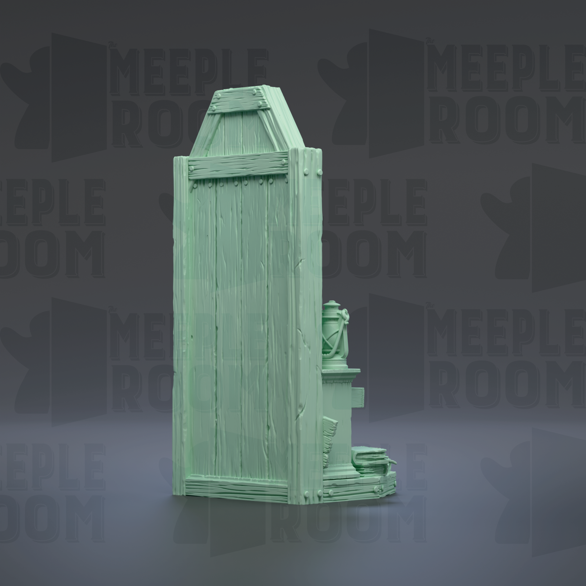 A green wooden door with a curved top, set against a dark background with repeated text.