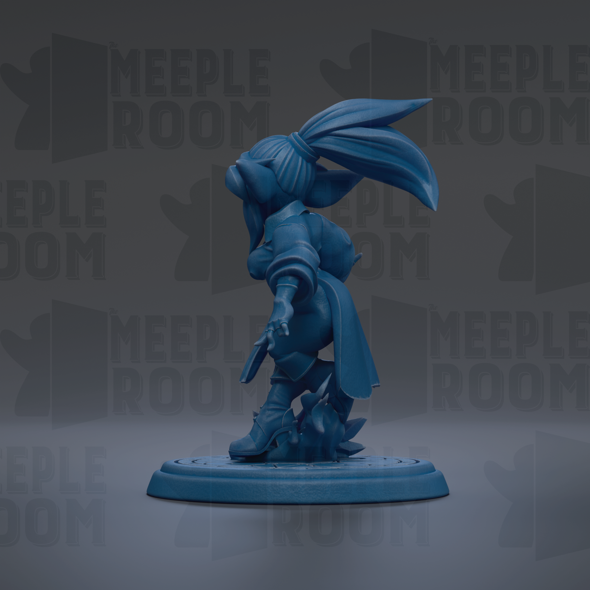 A blue figurine of a character with a large head and long hair, standing on a platform.