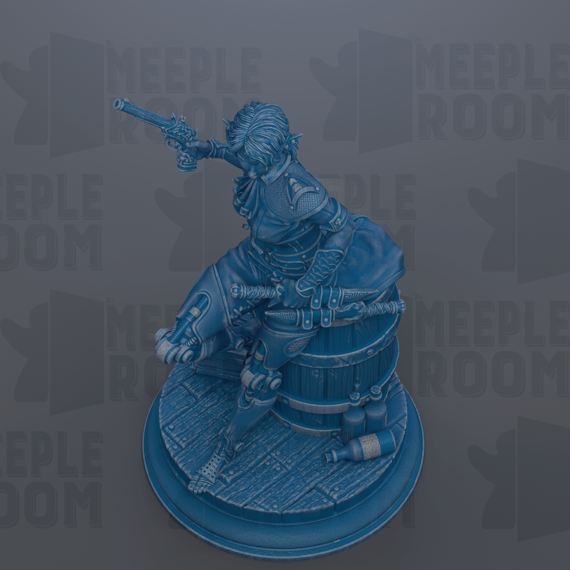 A blue statue of a person holding a gun and standing on a barrel, with various objects around it.