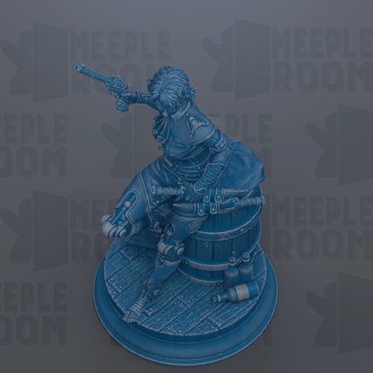 A blue statue of a person holding a gun and standing on a barrel, with various objects around it.