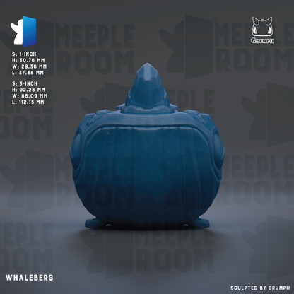 The image is a 3D rendering of a blue whale sculpture.