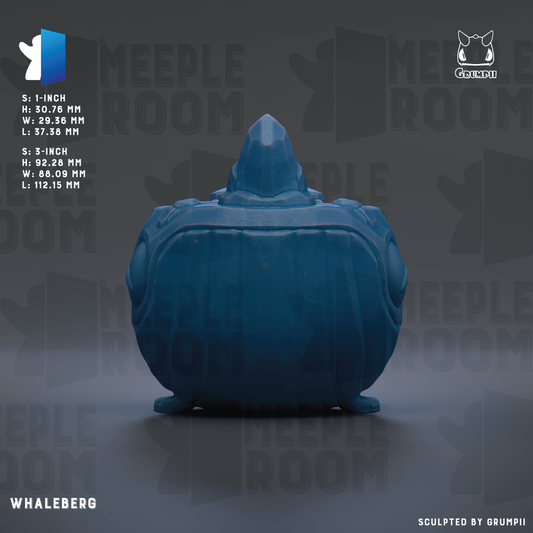 The image is a 3D rendering of a blue whale sculpture.