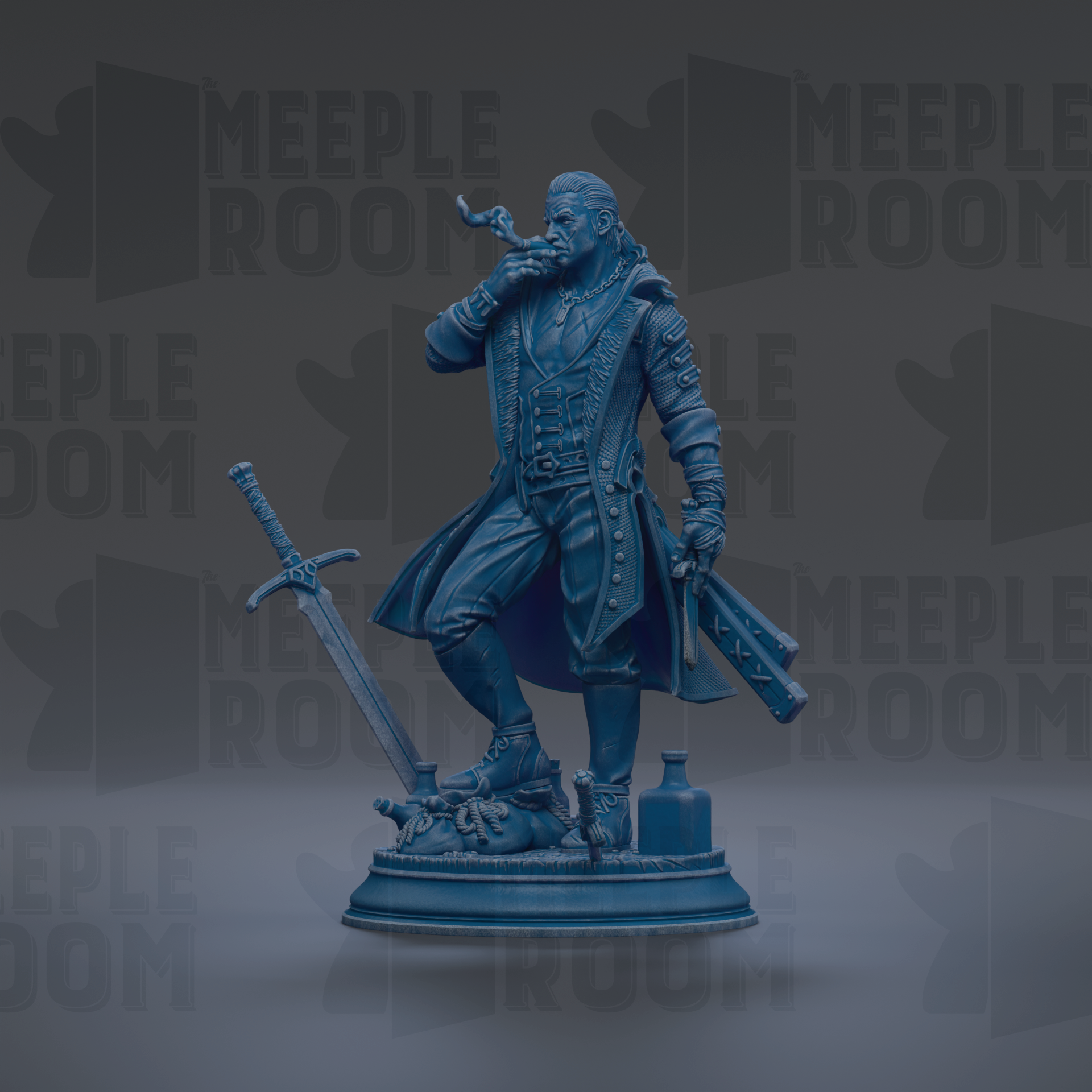 A blue statue of a man in a long coat and hat, holding a sword and a pipe, standing on a pedestal.