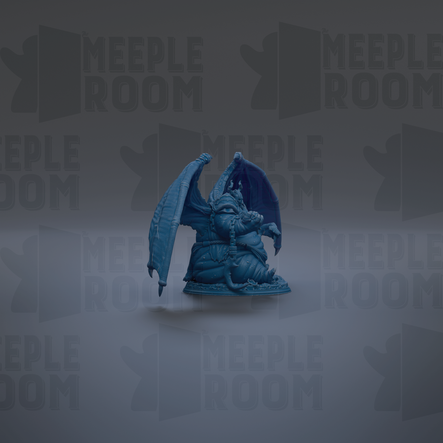 A blue dragon figurine is displayed against a dark background with repeated "MEIPLE ROOM" text.