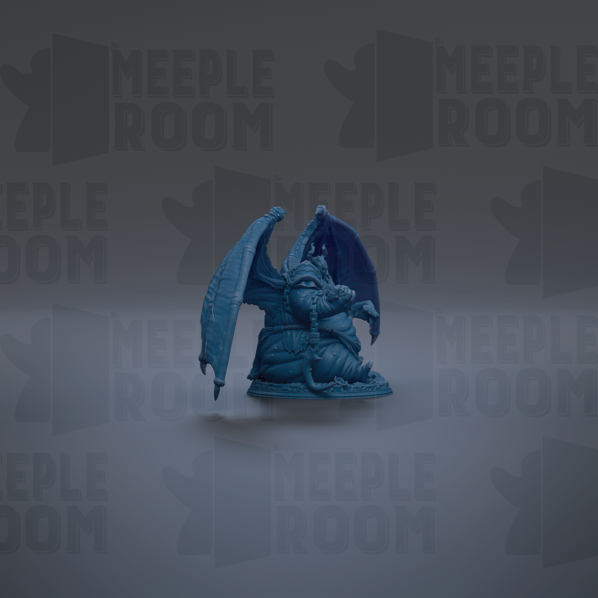 A blue dragon figurine is displayed against a dark background with repeated "MEIPLE ROOM" text.
