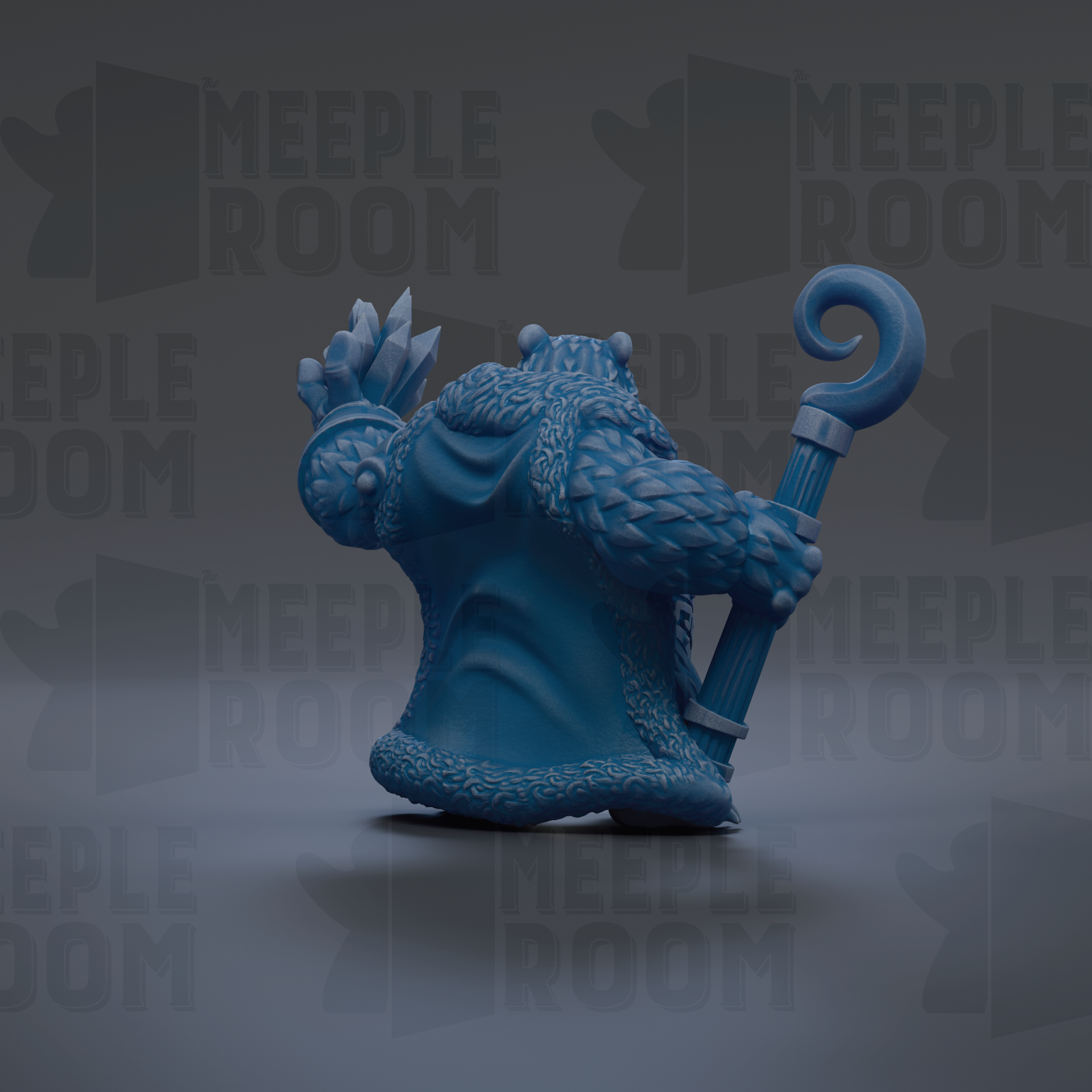 A blue, 3D-rendered character with a curved staff, standing against a dark background with repeated text.