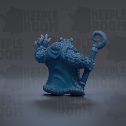 A blue, 3D-rendered character with a curved staff, standing against a dark background with repeated text.