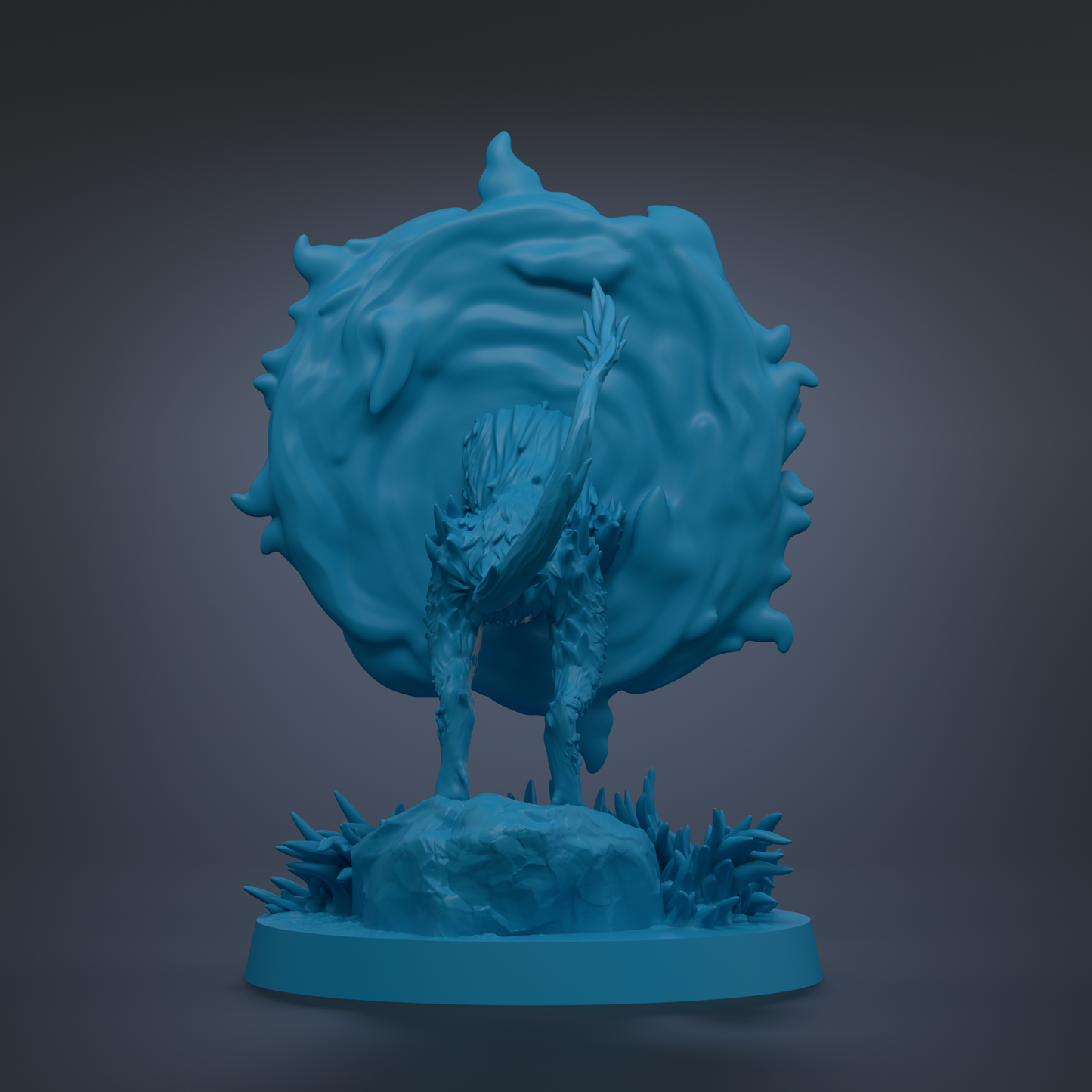 A 3D rendering of a blue, abstract sculpture with a large, organic shape resembling a wave or cloud.