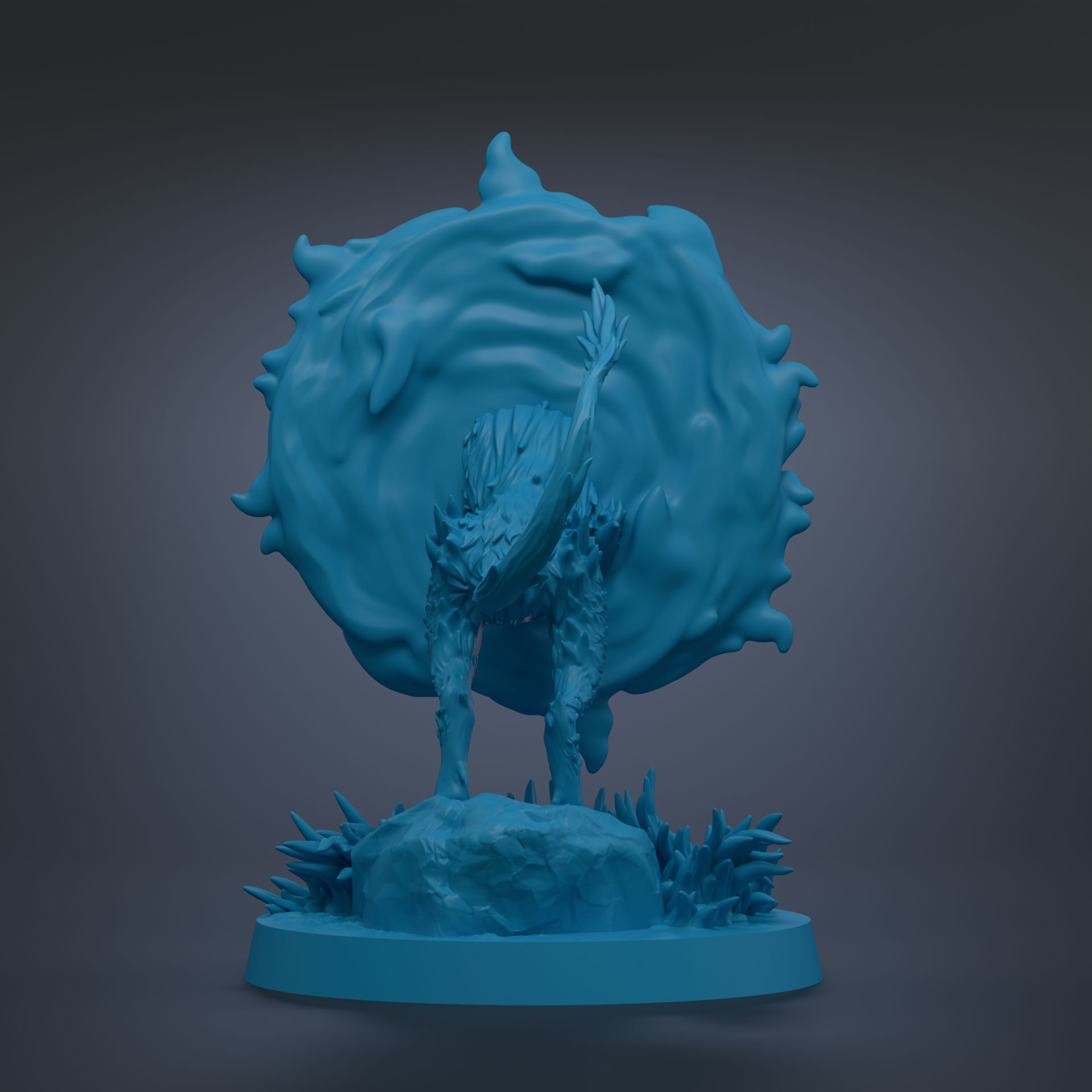 A 3D rendering of a blue, abstract sculpture with a large, organic shape resembling a wave or cloud.