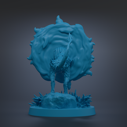 A 3D rendering of a blue, abstract sculpture with a large, organic shape resembling a wave or cloud.