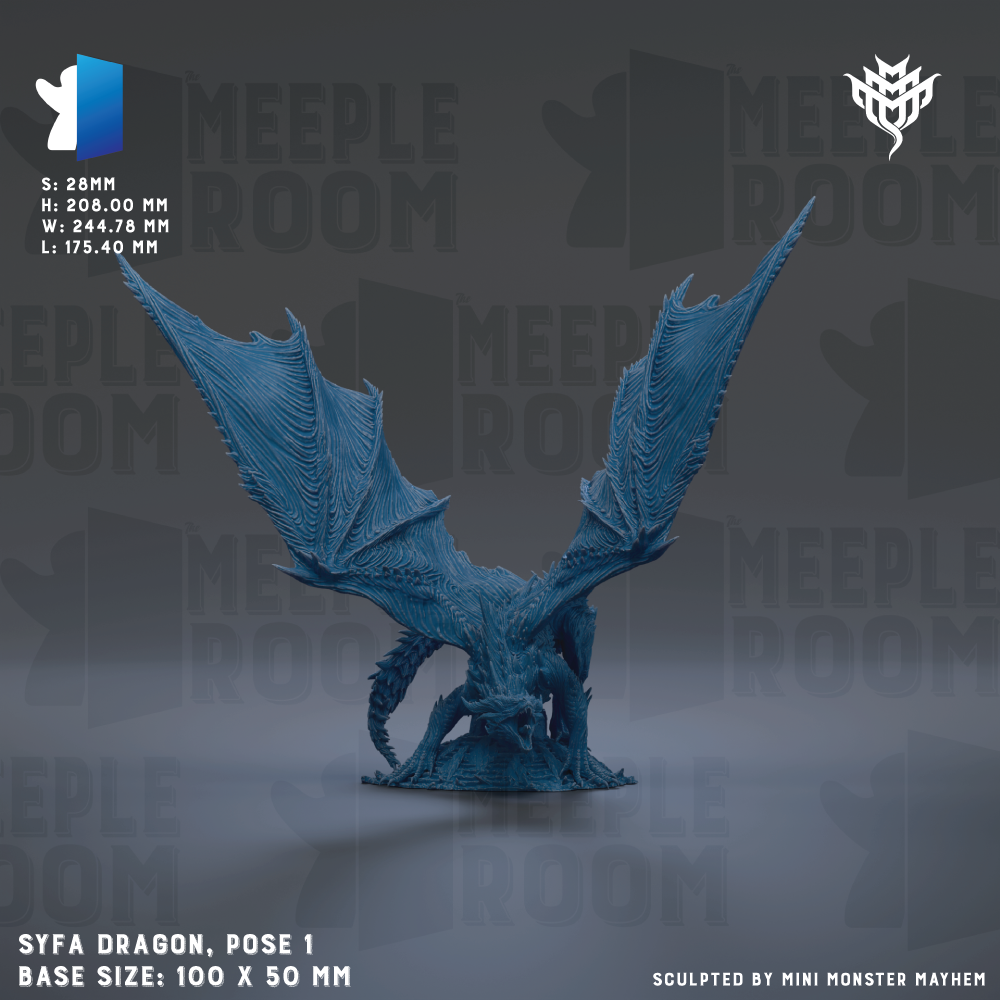 a blue dragon statue with outstretched wings, positioned on a gray background.