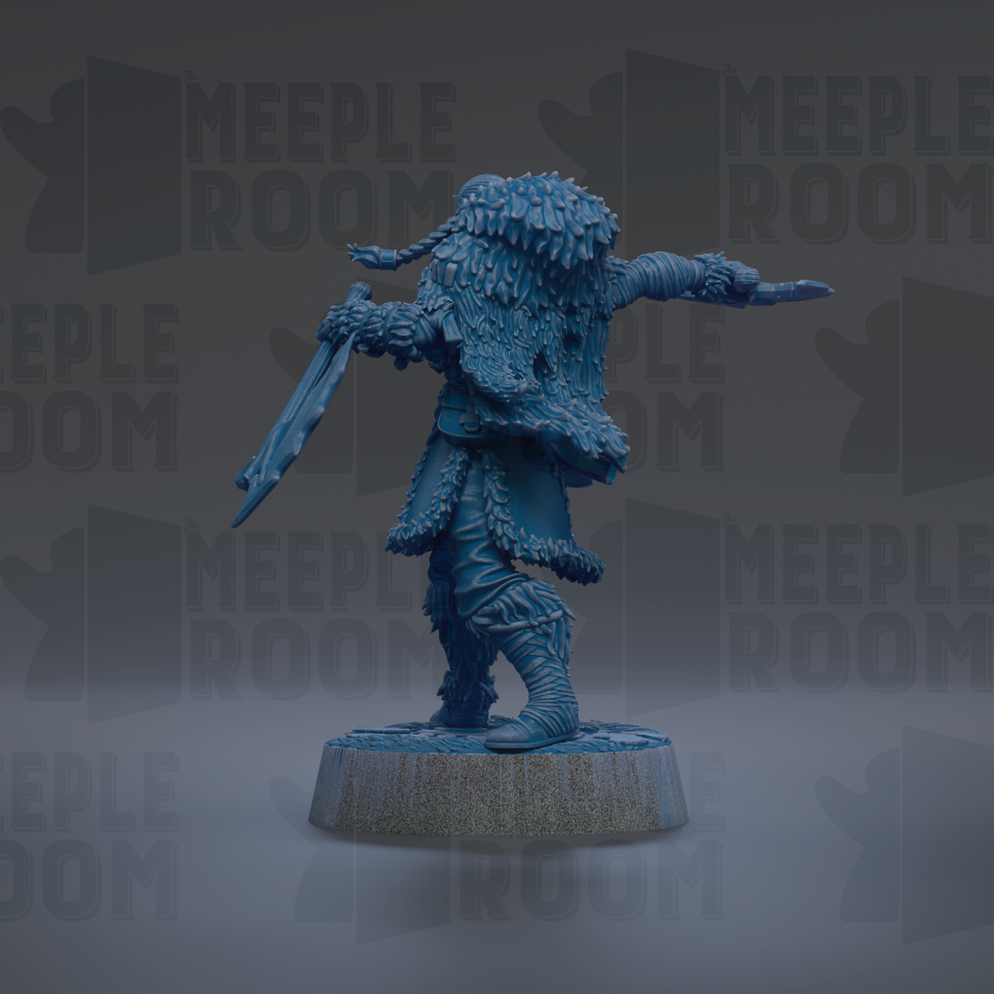 A blue figurine of a warrior figure with a sword and shield stands on a pedestal against a dark background with repeated text.