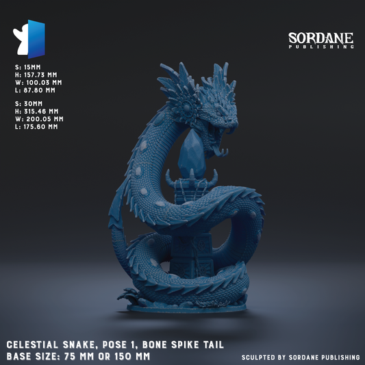 The image is a detailed 3D rendering of a celestial snake, which is a type of fantasy creature often depicted in video games and other media. The snake is shown in a pose with its tail curled around a bone spike, giving it a unique and imposing appearance. The image is described as a "base size: 75 mm or 150 mm" and is published by Sordane Publishing.