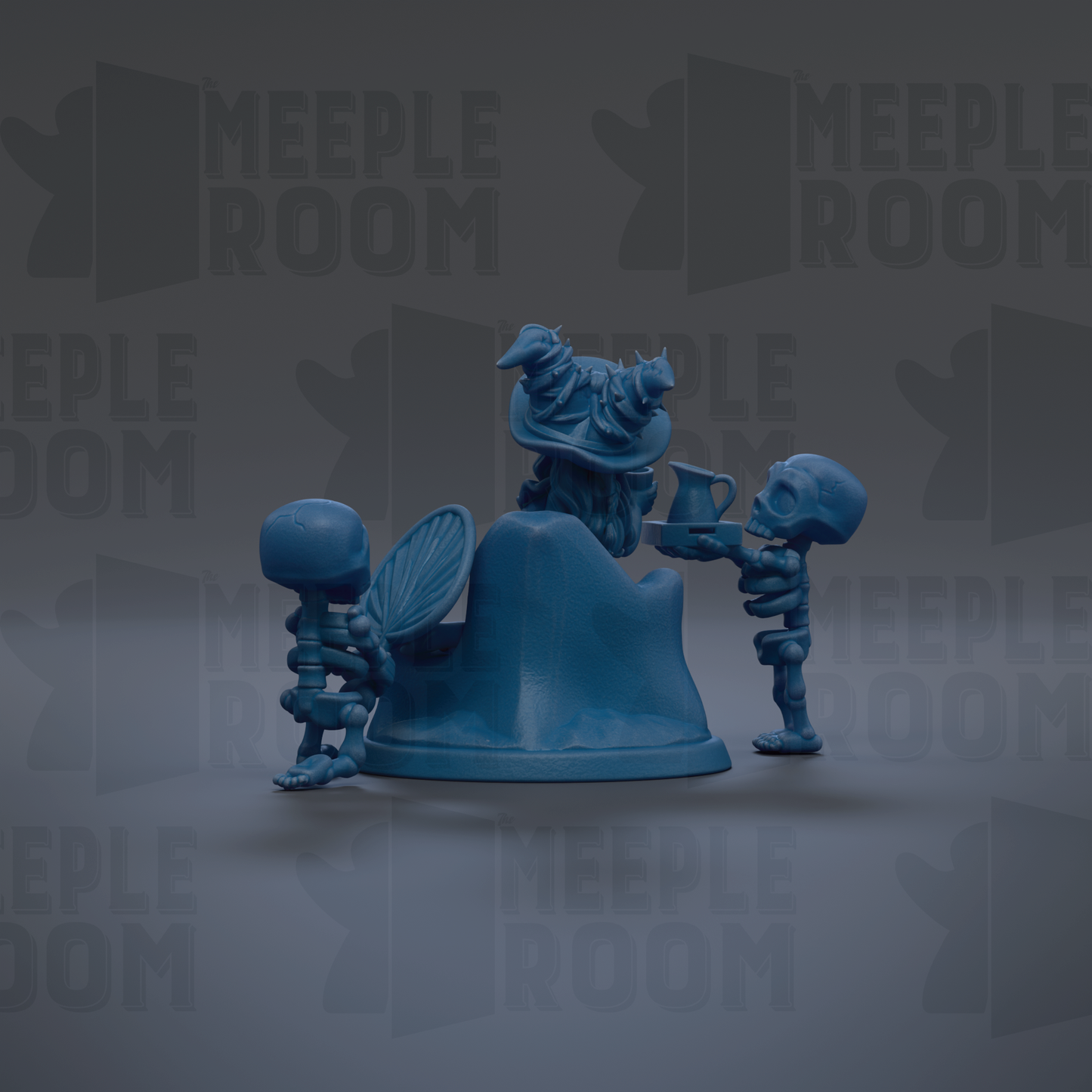 a group of three blue figurines, each holding a different object, such as a cup, a book, and a bird. The figurines are arranged in a way that suggests they are interacting with each other, possibly in a playful or artistic manner.
