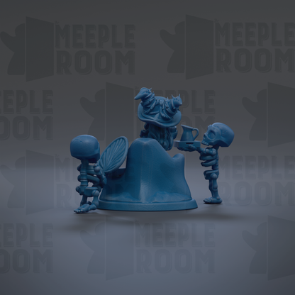 a group of three blue figurines, each holding a different object, such as a cup, a book, and a bird. The figurines are arranged in a way that suggests they are interacting with each other, possibly in a playful or artistic manner.