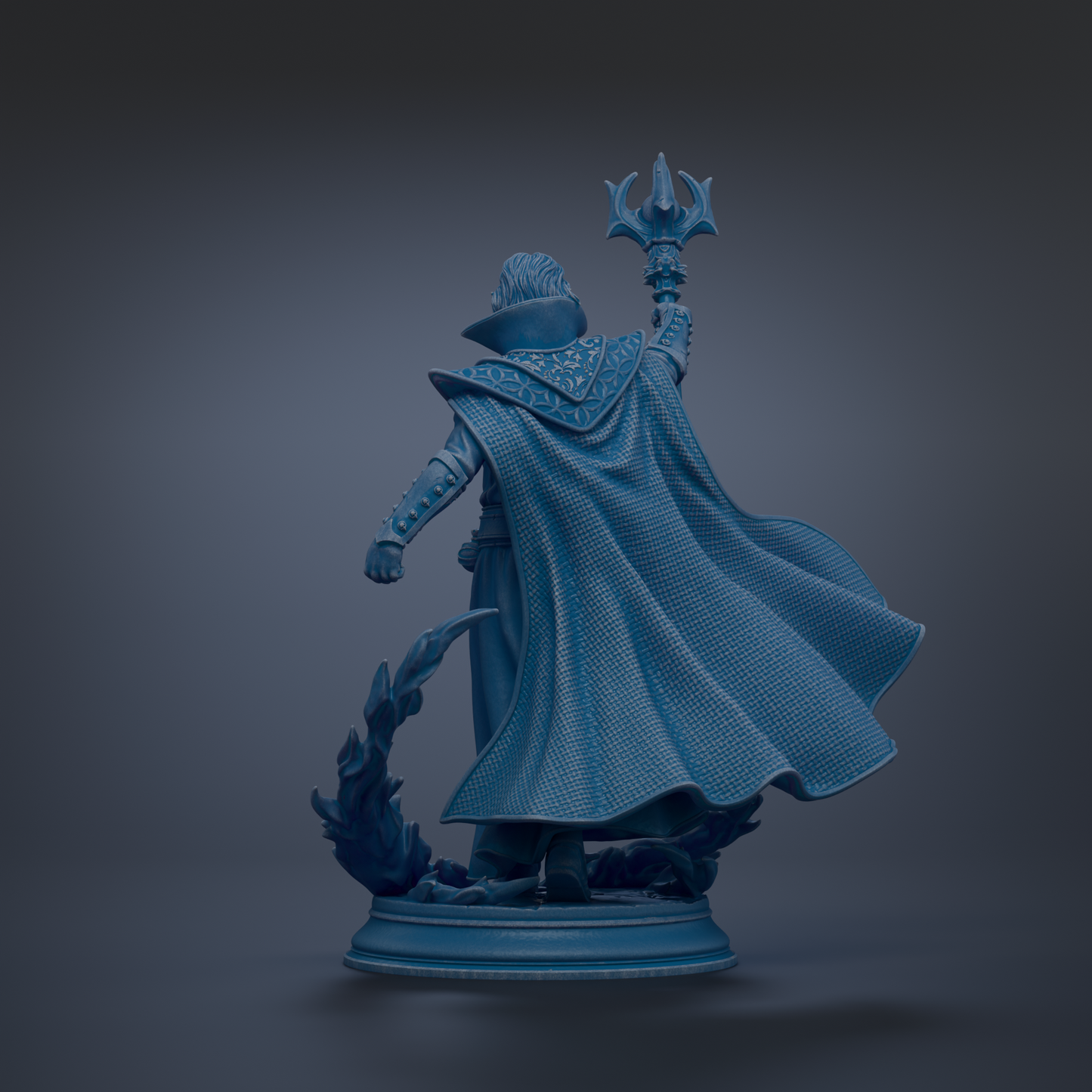 A 3D rendering of a figure in a flowing cape, holding a staff, standing on a platform against a dark background.