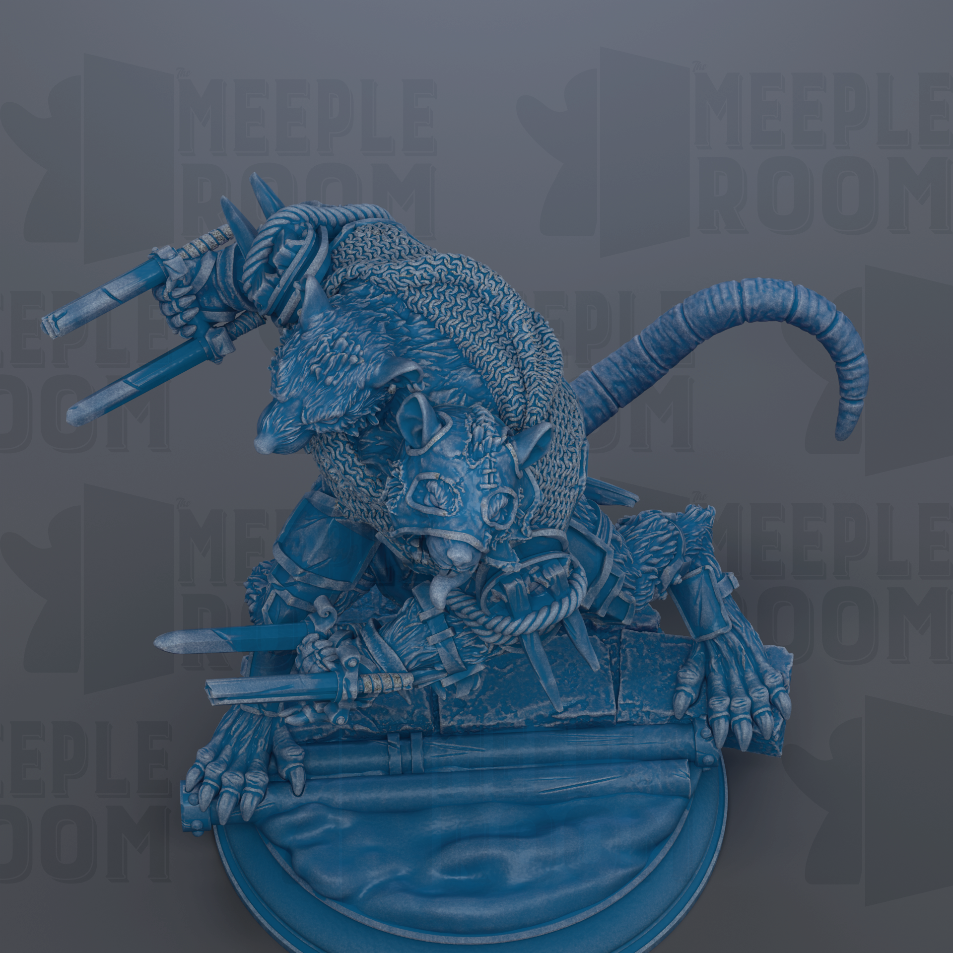 A detailed 3D rendering of a blue, armored creature with sharp weapons, standing on a platform and facing to the right.