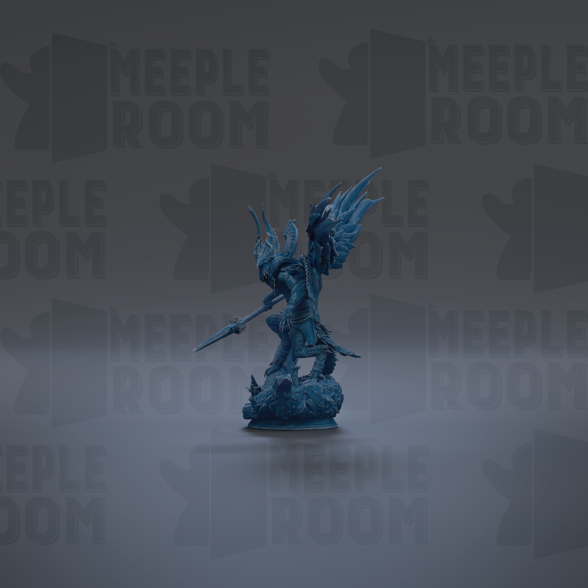 A blue figurine of a winged warrior standing on a rock, with the text "MEUPLE ROOM" repeated in the background.