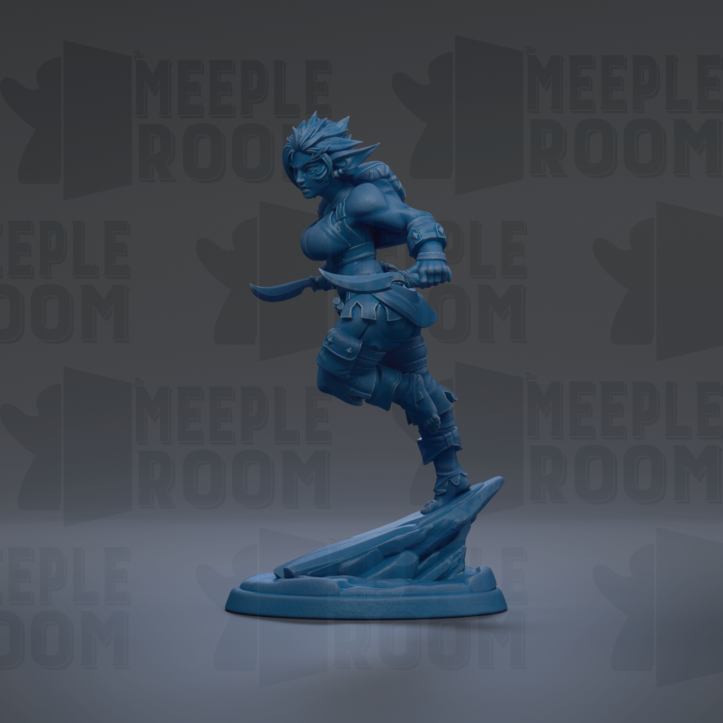 A blue figurine of a female character with a sword, standing on a rock formation against a dark background with repeated text.