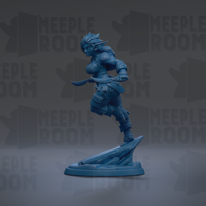 A blue figurine of a female character with a sword, standing on a rock formation against a dark background with repeated text.