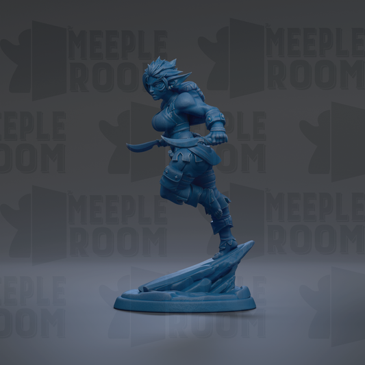 A blue figurine of a female character with a sword, standing on a rock formation against a dark background with repeated text.