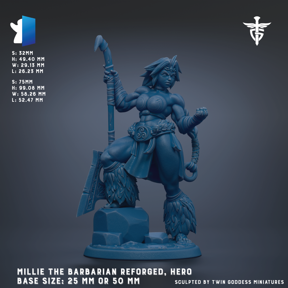 a female warrior figure, specifically a female barbarian who has been reforged and is now a hero. The base size of the statue is 25 mm or 50 mm.