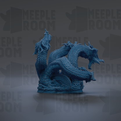 A 3D rendering of a blue dragon statue with intricate details and a fierce expression.