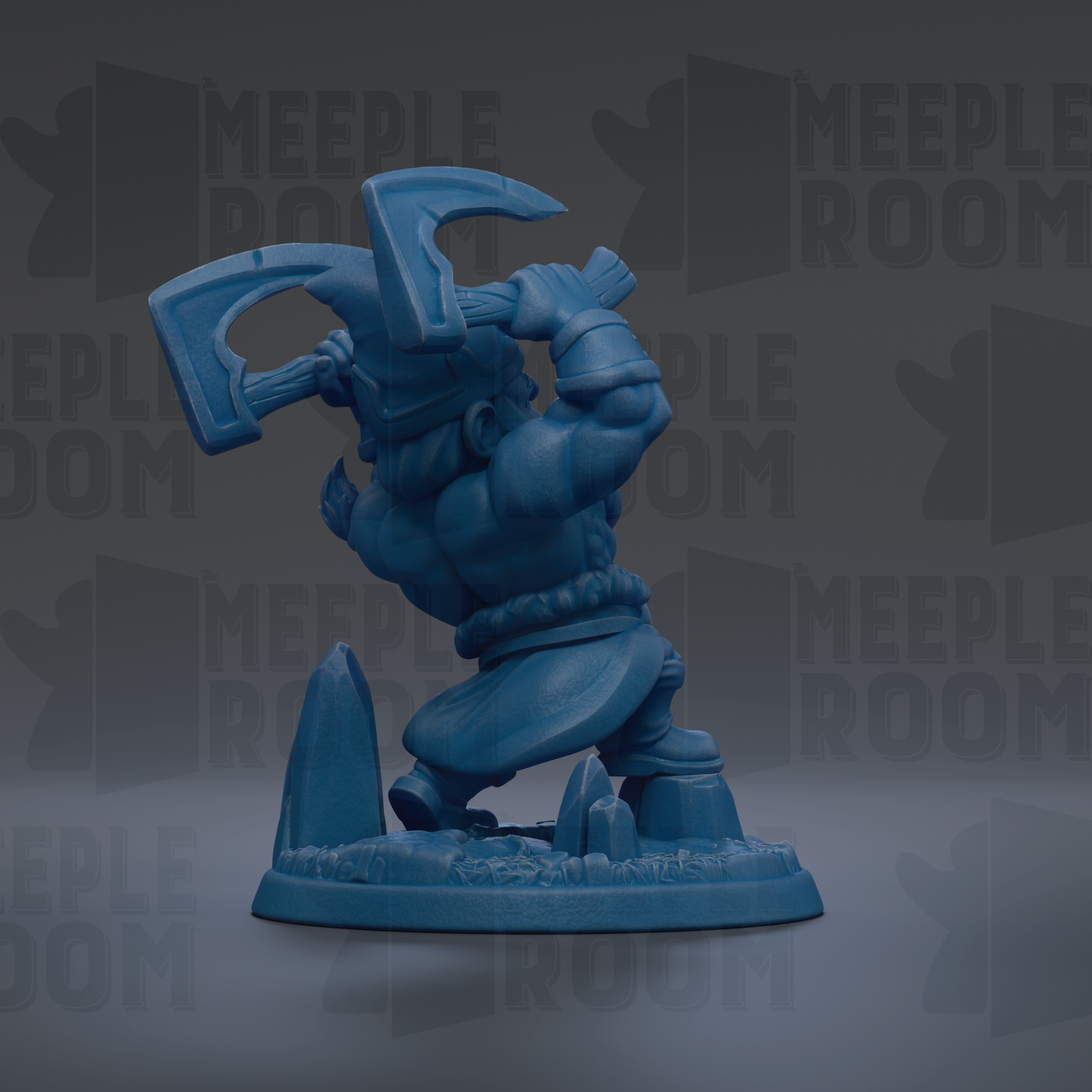 A blue figurine of a warrior wielding a sword and shield, standing on a base and facing away from the camera.