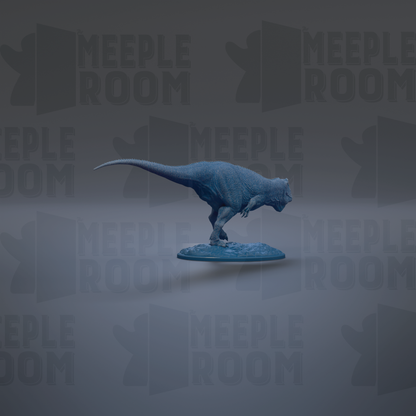 A 3D model of a dinosaur, specifically a T-Rex, is shown in the center of the image.