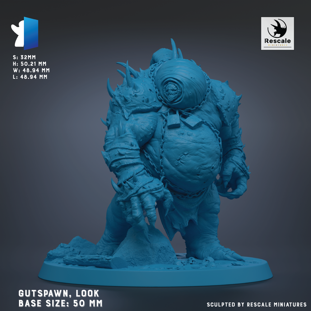 A 3D model of a blue, armored creature resembling a gut-owning character from a fantasy or science fiction setting. The creature has a large head, a muscular body, and a chain around its neck. The base of the creature is described as a 50 mm base size.