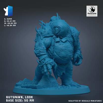A 3D model of a blue, armored creature resembling a gut-owning character from a fantasy or science fiction setting. The creature has a large head, a muscular body, and a chain around its neck. The base of the creature is described as a 50 mm base size.