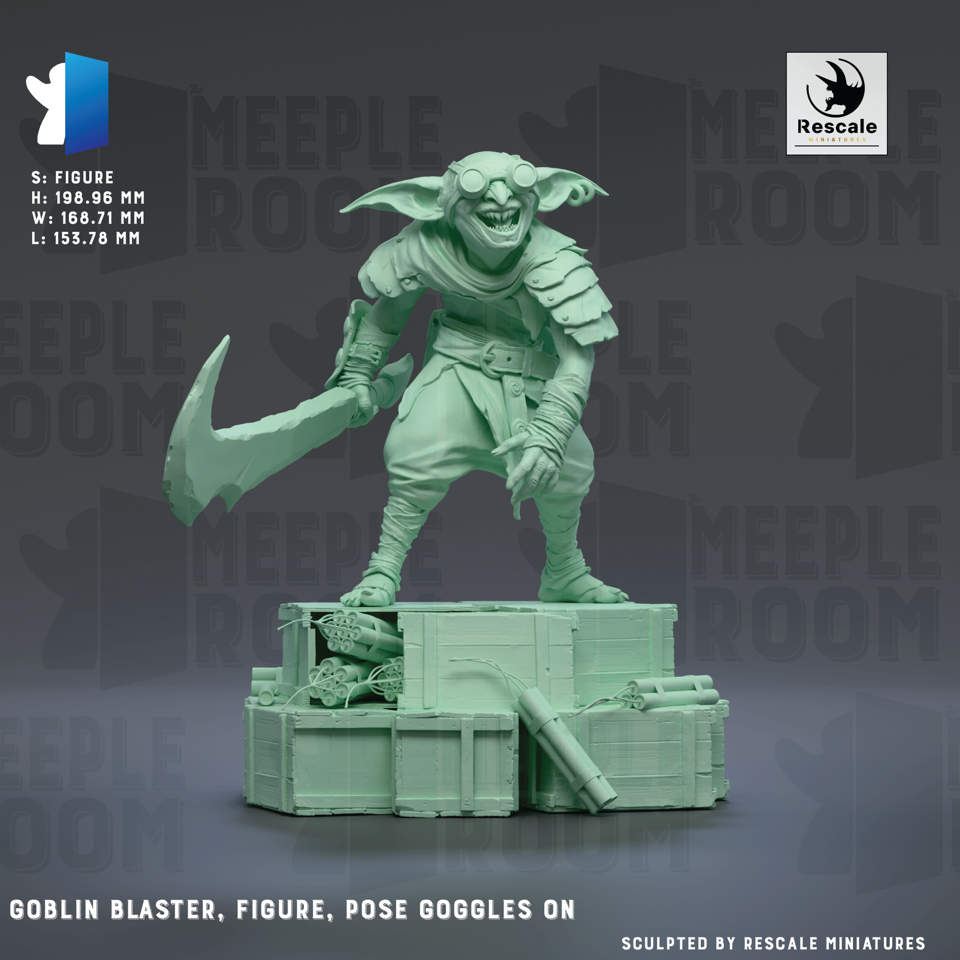 a green, detailed model of a gremlin-like creature, possibly a gremlin or a similar mythical creature, posed on a platform with various objects and accessories.