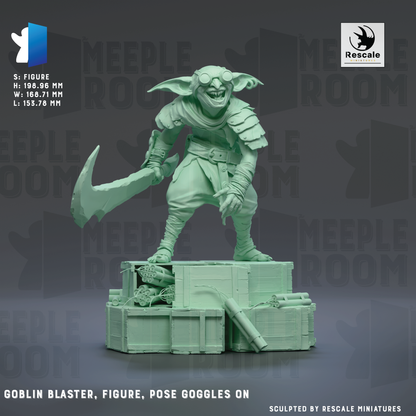 a green, detailed model of a gremlin-like creature, possibly a gremlin or a similar mythical creature, posed on a platform with various objects and accessories.
