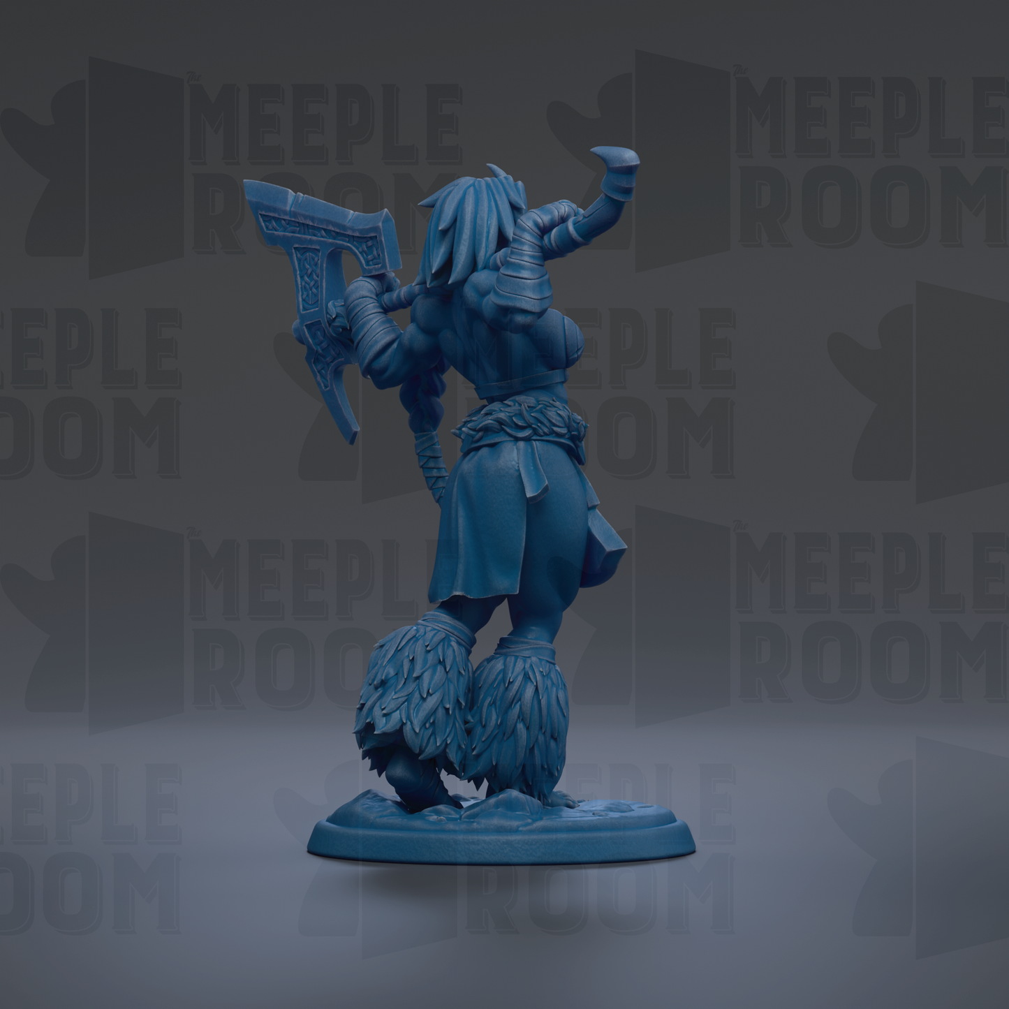 A blue figurine of a warrior standing with a sword in hand, wearing a long skirt and feathered boots, against a dark background with repeated text.