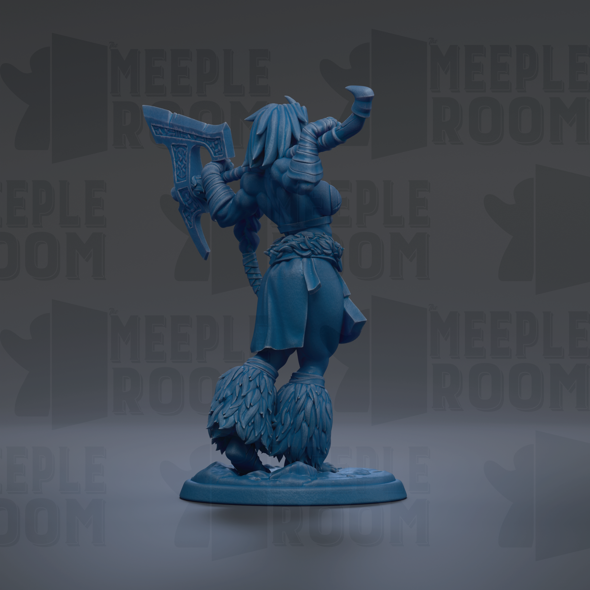 A blue figurine of a warrior standing with a sword in hand, wearing a long skirt and feathered boots, against a dark background with repeated text.