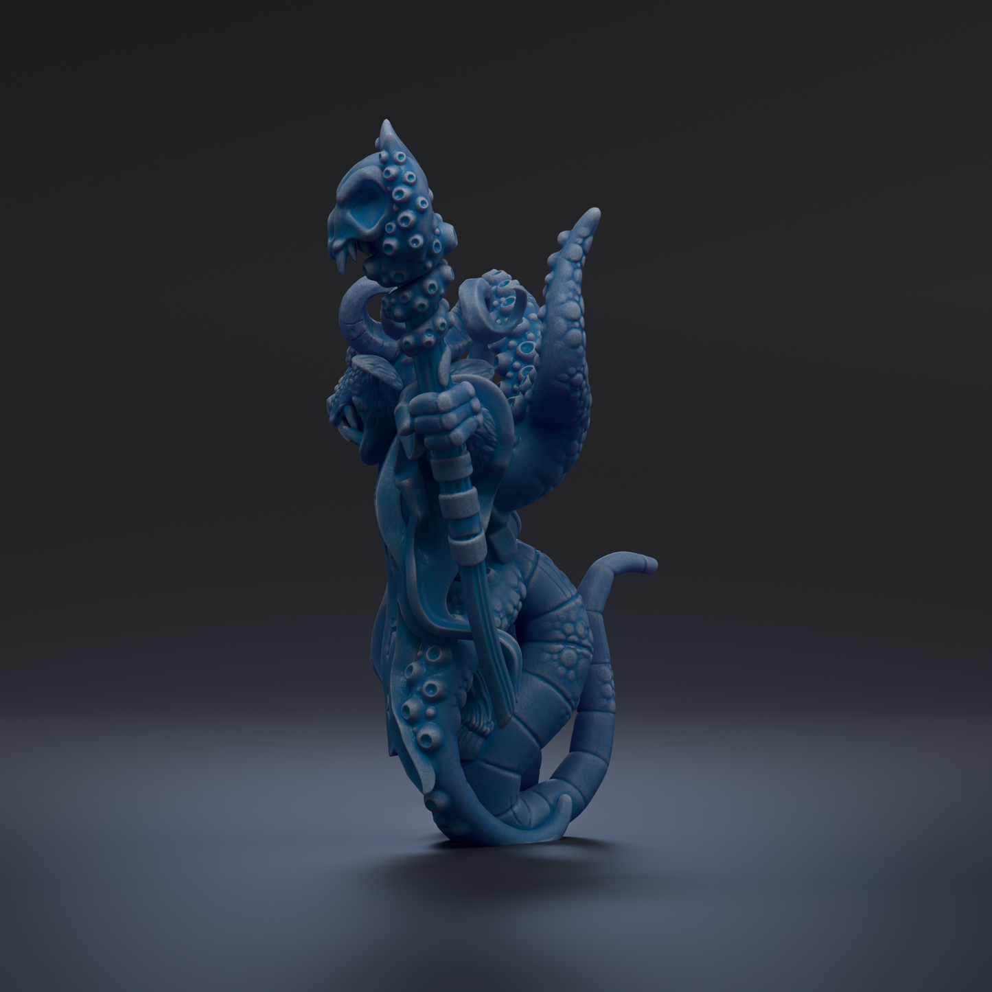 A 3D rendering of a blue, fantastical creature with a unique, intricate design and multiple arms and tentacles.