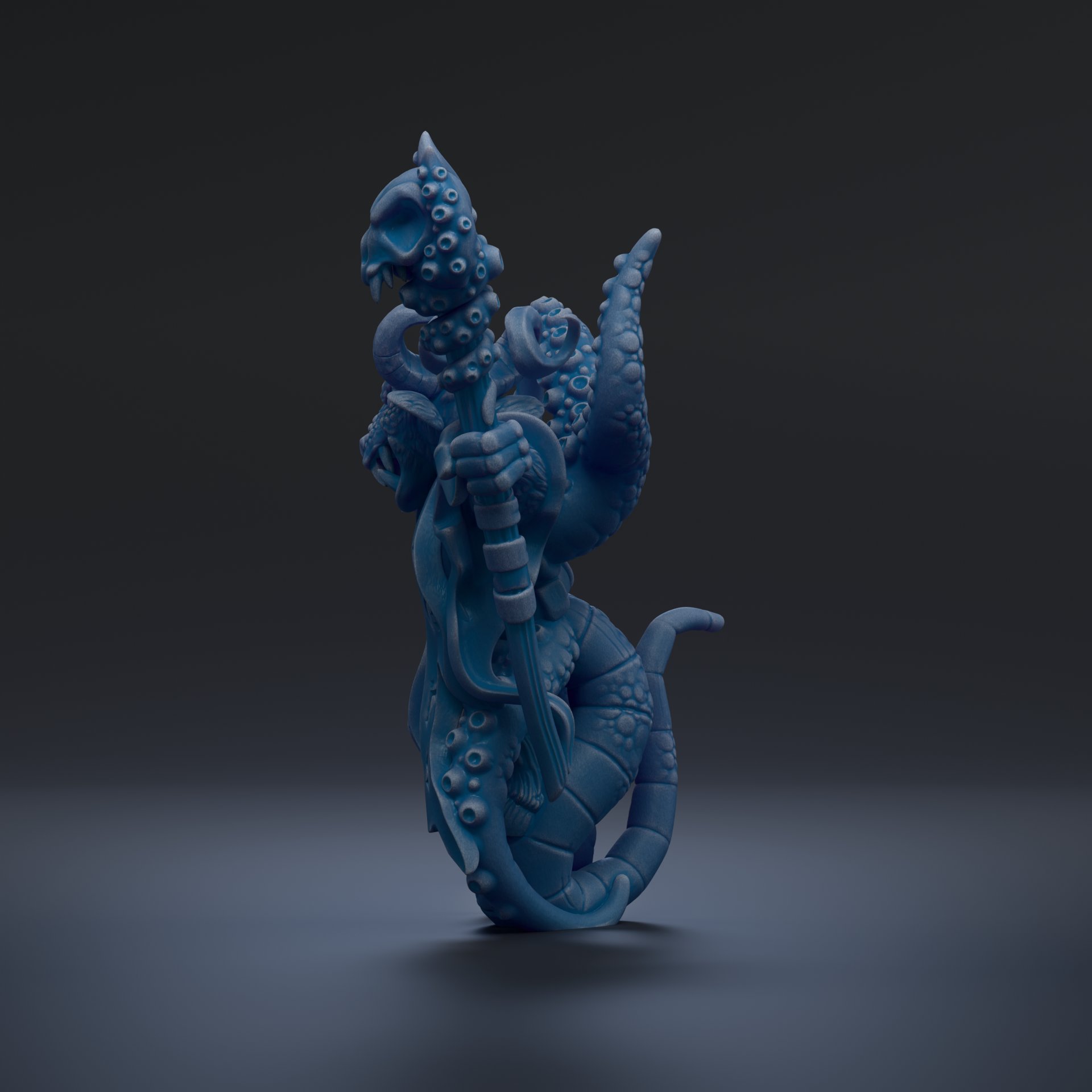 A 3D rendering of a blue, fantastical creature with a unique, intricate design and multiple arms and tentacles.