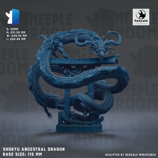 The image is a detailed sculpture of a Shoryu Ancestral Dragon, a mythical creature from Chinese folklore. The dragon is depicted in a blue color, with intricate scales and a curled body. The sculpture is shown in a base size of 15 millimeters. The image is a collage of multiple images, and it is described as being sculpted by Rescue Miniatures.