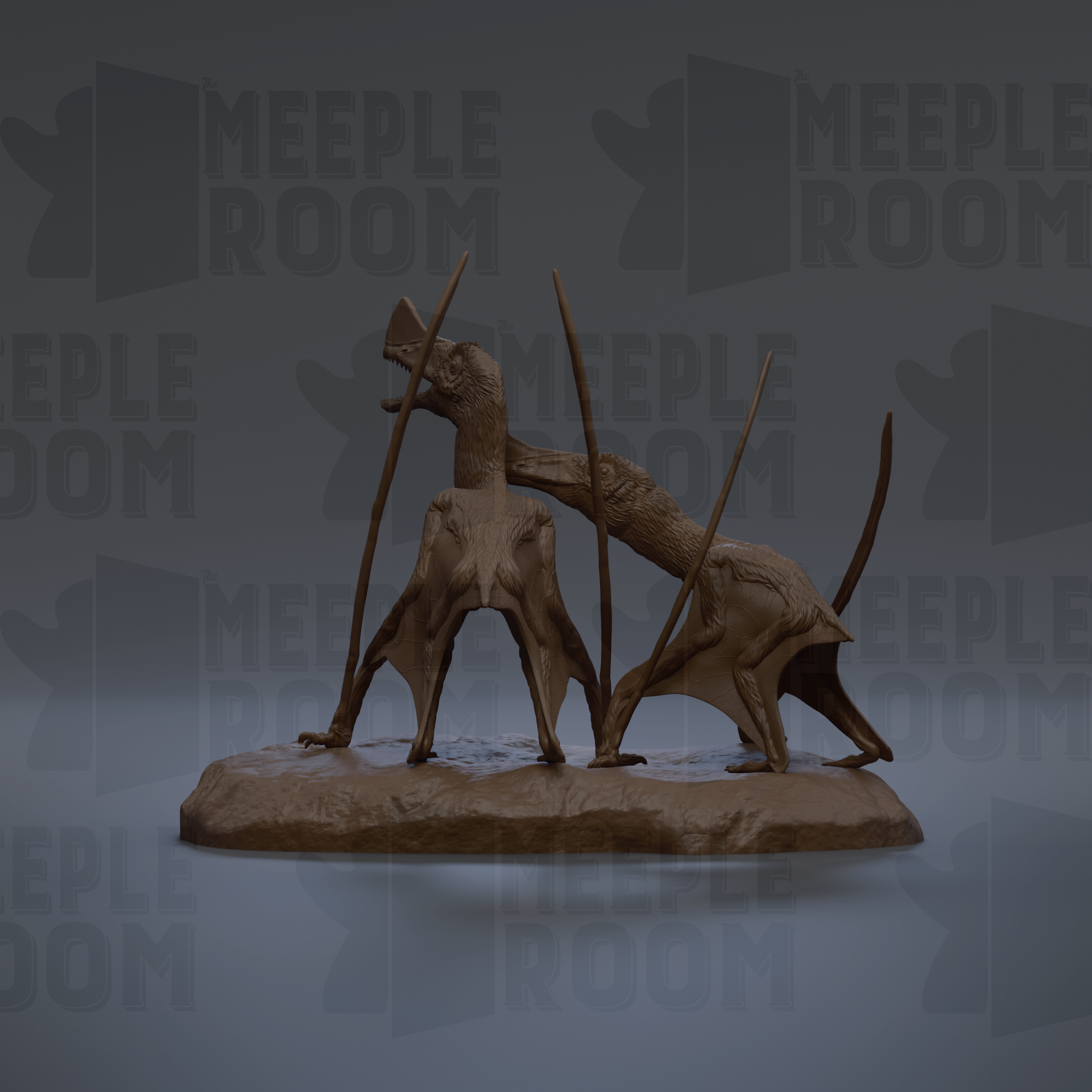A 3D rendering of a dinosaur statue, with the text "MEEPLE ROOM" displayed in the background.