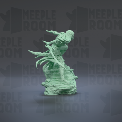 A green 3D model of a female character with long hair and a flowing skirt, holding a sword and standing on a rock formation.