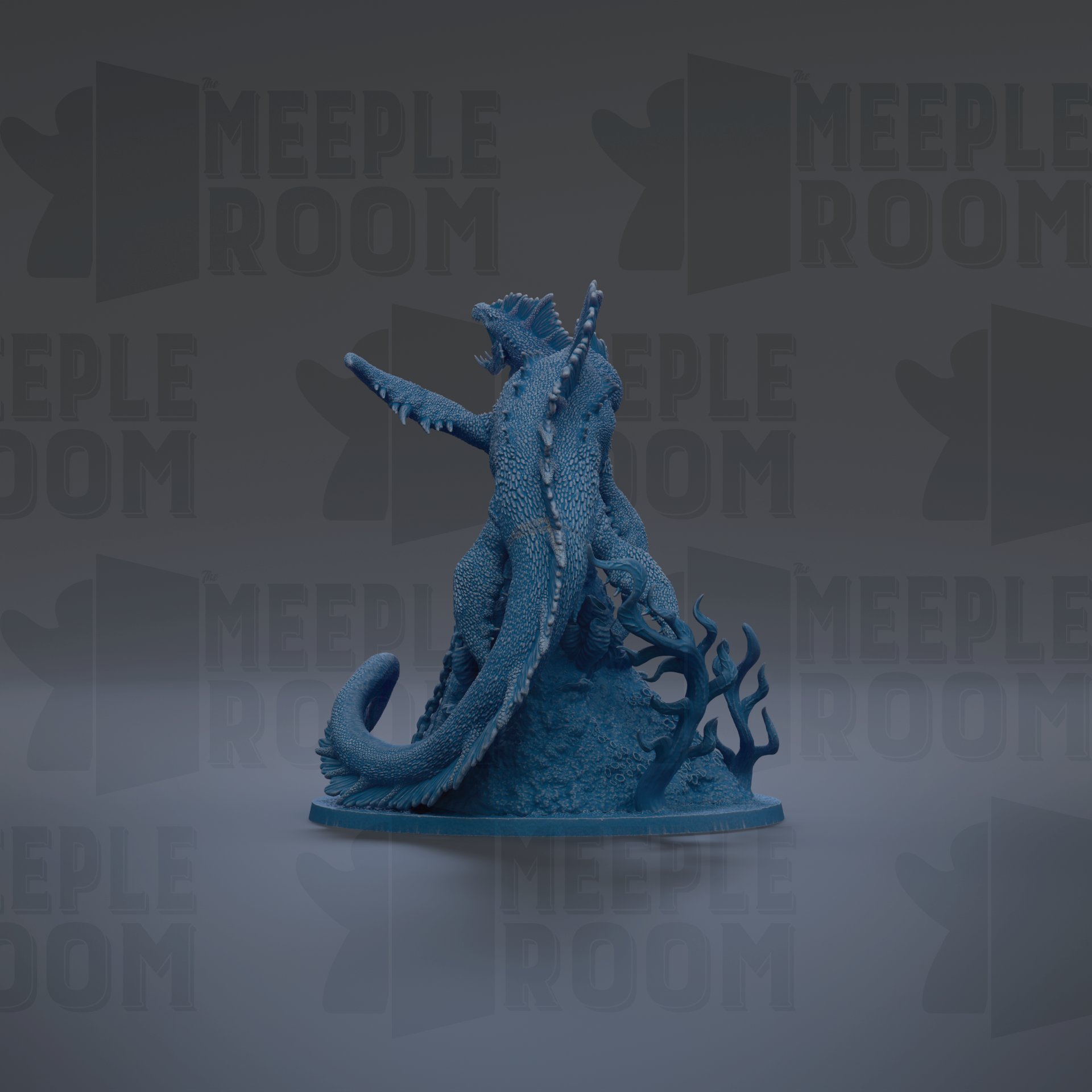 A blue figurine of a dragon-like creature with sharp teeth and claws, standing on a rock formation.