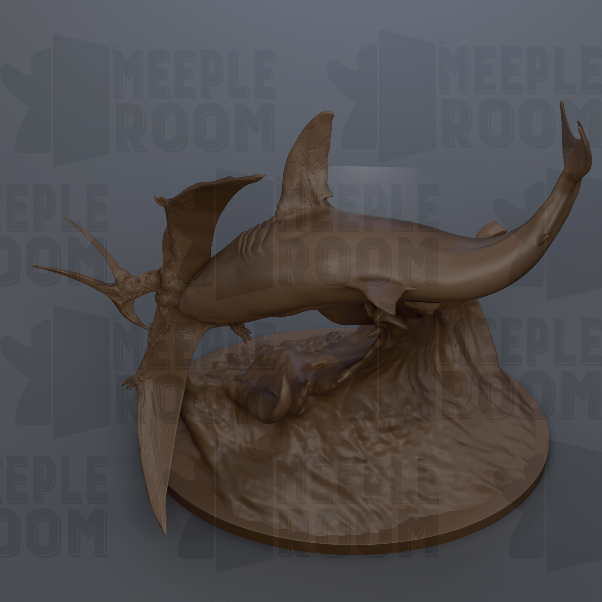 A bronze sculpture of a shark and a bird, likely a shark-pterosaur, displayed on a circular base.