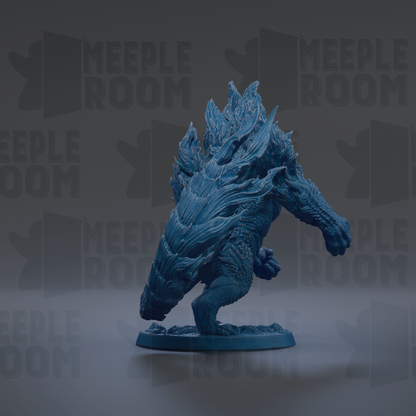 A blue figurine of a fantastical creature, possibly a dragon or monster, is shown against a dark background with repeated text.